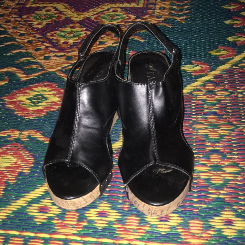 Black faux leather cork platform shoes